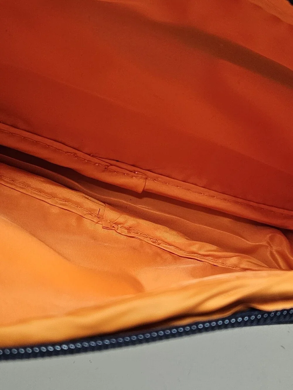 Guerlain Vinyl Cosmetic Bag Blue Glossy Exterior Bifold Zipper Pockets Orange